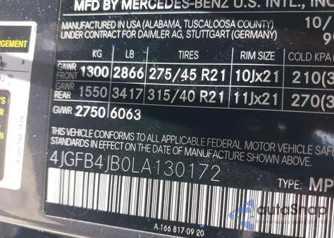 2020 Mercedes-Benz Gle z USA, uszkodzony, nr VIN 4JGFB4JB0LA130172